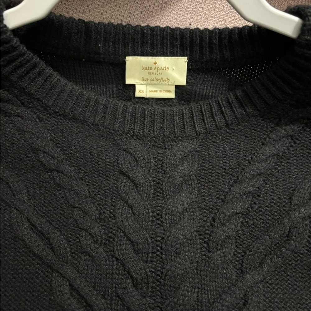 Kate Spade Cable Knit Peplum Sweater XS Black 3/4 Sleeve Wool Cashmere Blend